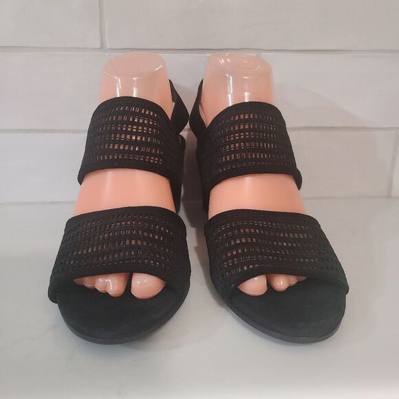 Eileen Fisher Finn Suede Mesh Black Open Toe Sandals Size 8.5 Comfort - Picture 2 of 10